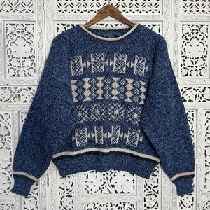 Vintage Liz Wear Wool Blend Blue & Cream Aztec Geometric Chunky Grandpa‎ Sweater